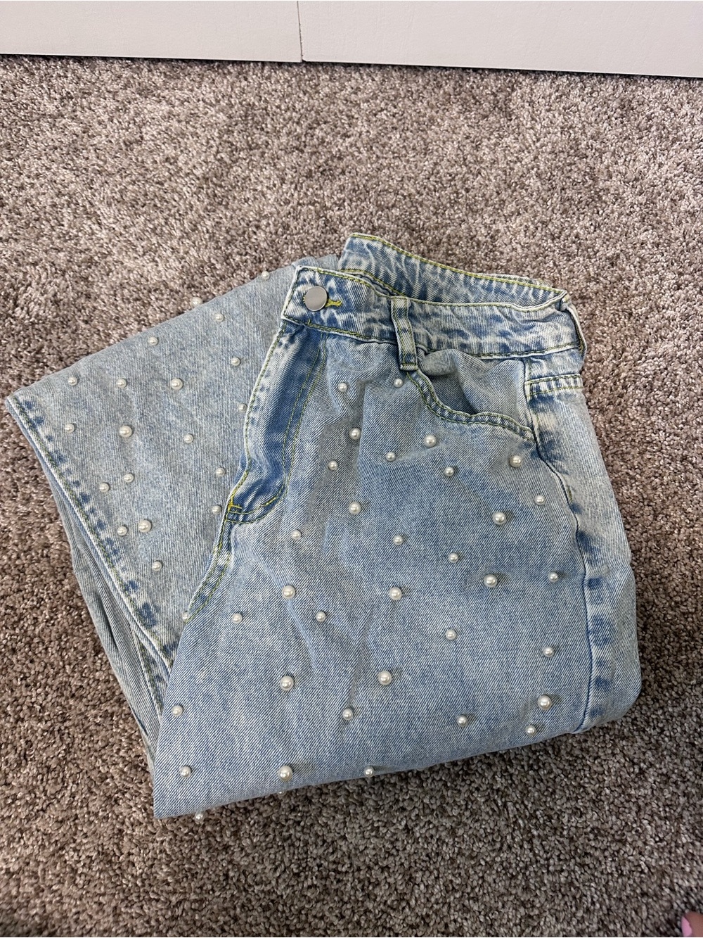 Light Blue Pearl-Embellished Women's Jeans